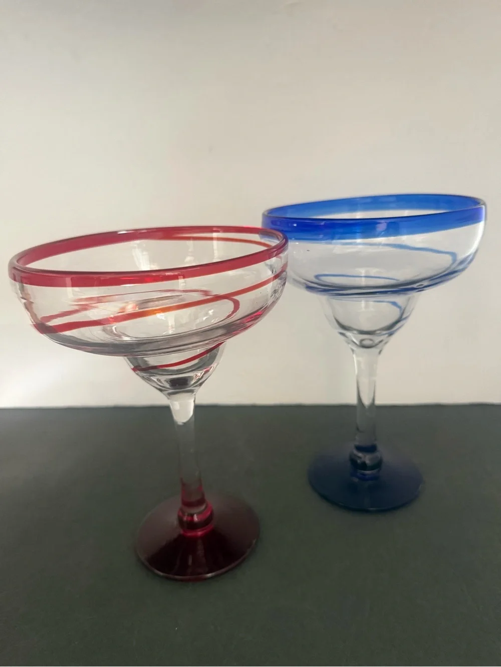 Set of 2 Hand Blowing Large Margarita Glasses with Blue & Red Accents